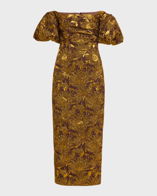 Lela Rose Metallic Sheath Dress with Puff Sleeves | Neiman Marcus