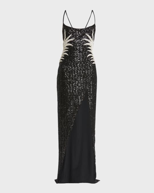 Balmain Sequin Embroidered Palm Tree Gown with Slit | Neiman Marcus