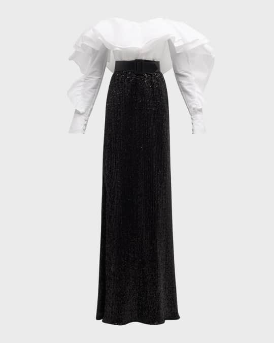Badgley Mischka Off-Shoulder Ruffle Sequin Shirt Gown Neiman Marcus