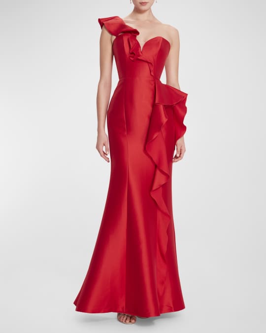 Marchesa Notte One-Shoulder Ruffle Trumpet Gown Neiman Marcus