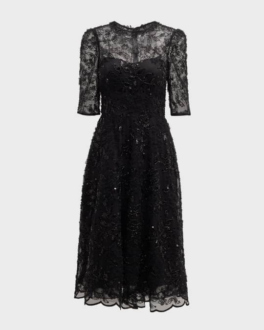 Floral Bead & Sequin Tulle Midi Dress