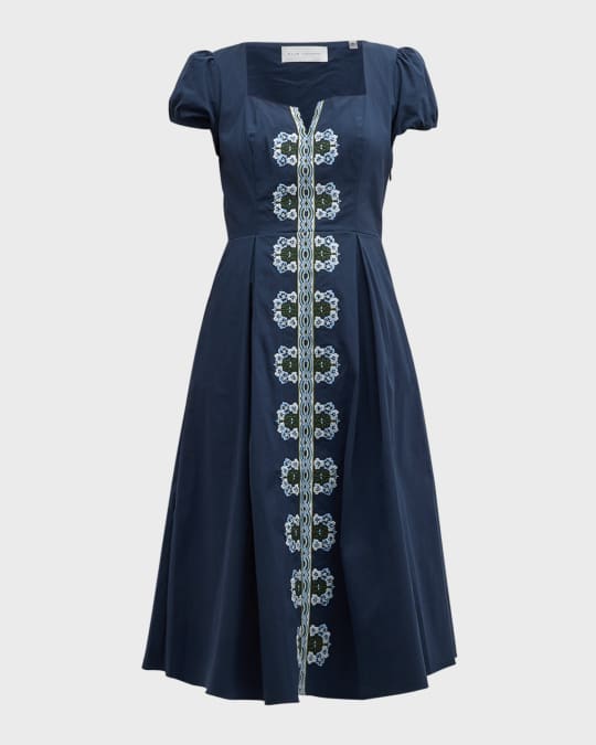 Elie Tahari The Faye Pleated Floral-Embroidered Midi Dress | Neiman Marcus