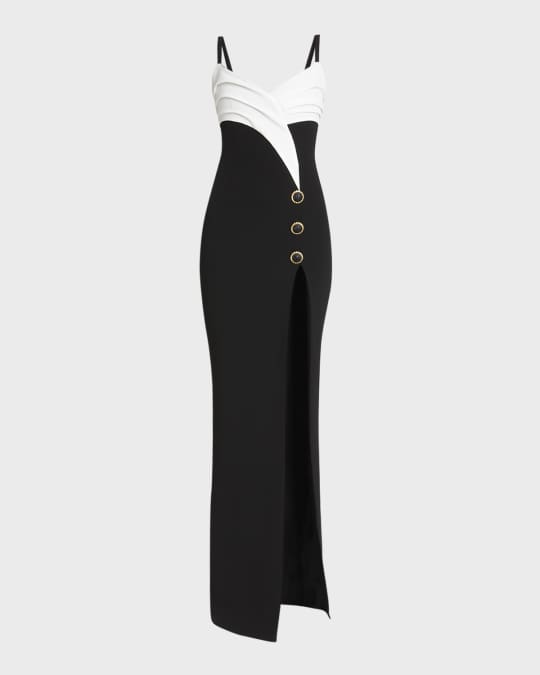 Balmain Two-Tone Crepe Draped Long V-Neck Split Dress | Neiman Marcus