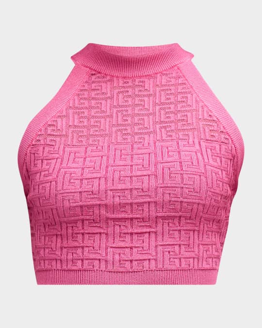 Balmain Halterneck Metallic Monogran Knit Crop Top Neiman Marcus