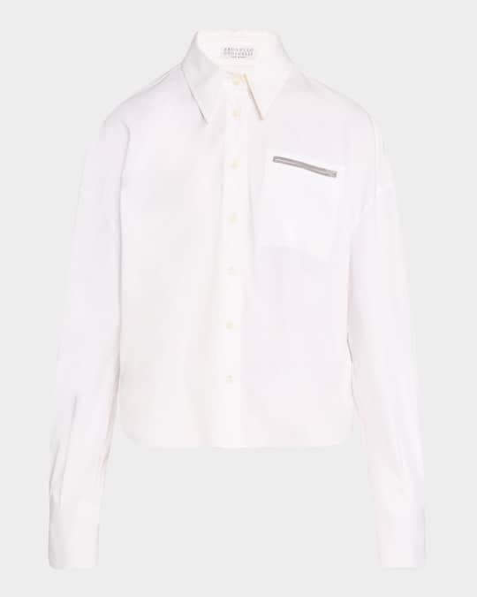 Cotton Poplin Button-Front Shirt with Monili Detail