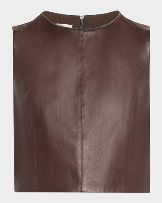 Smooth Glove Leather Crop Top with Monili Trim