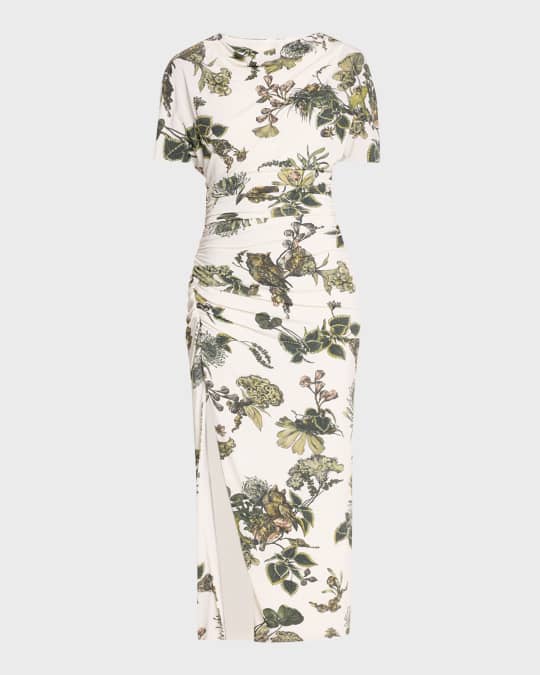 Floral Ruched Jersey Midi Dress with High Slit