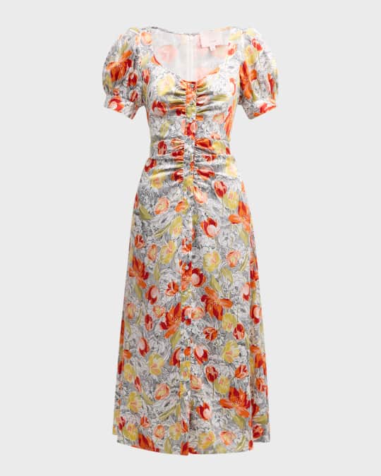 Ximena Draped Floral Puff-Sleeve V-Neck Midi Dress