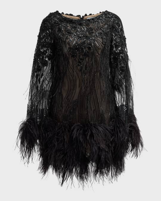Embellished Mesh Long-Sleeve Mini Dress with Feather Trim