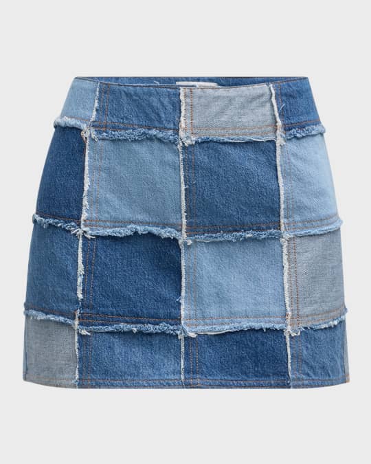 FRAME The 70s Patchwork Denim Mini Skirt Neiman Marcus