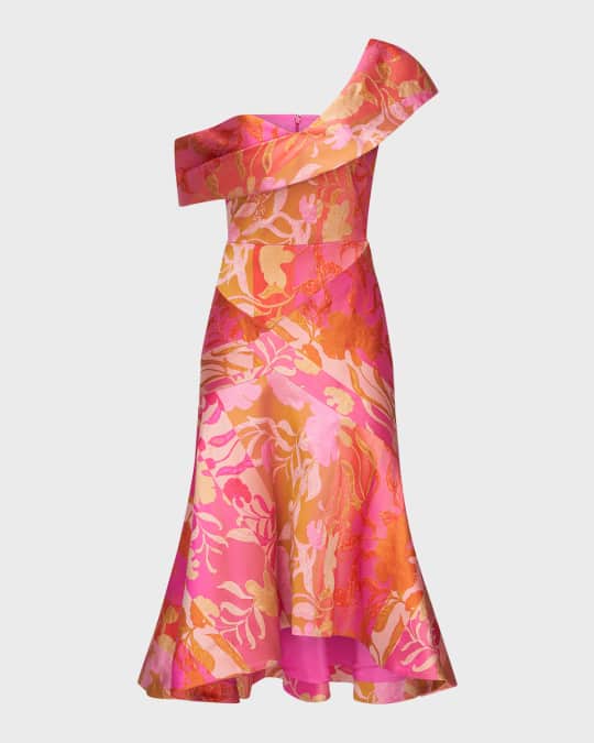 Theia Drew Floral Patchwork High-Low Cocktail Dress