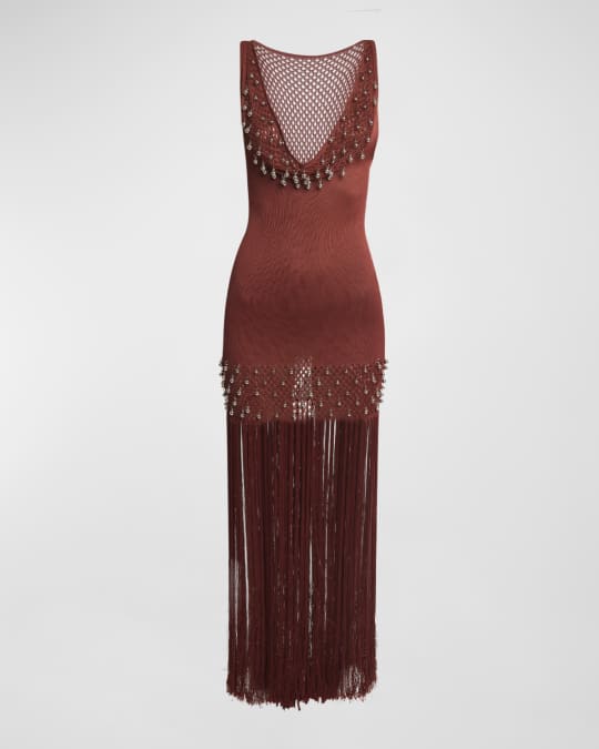 Rabanne Plunging Beaded Crochet-Knit Fringe Maxi Dress | Neiman Marcus