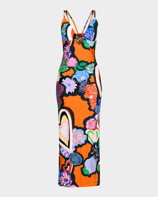AREA Heart-Print Strappy Maxi Dress | Neiman Marcus