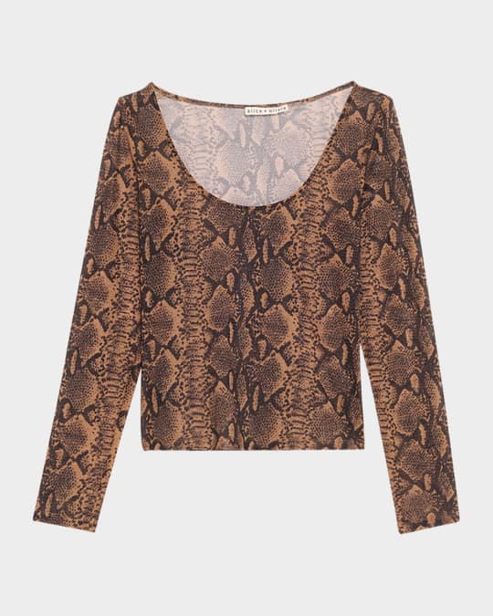 Delaina Snake Mesh Long-Sleeve Crop Top 