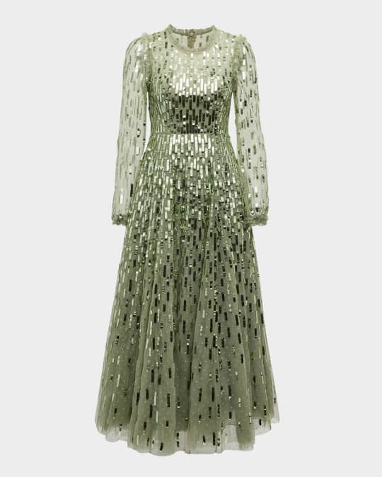 Needle Thread Long Sleeve Sequined Dash Ankle Gown Neiman Marcus