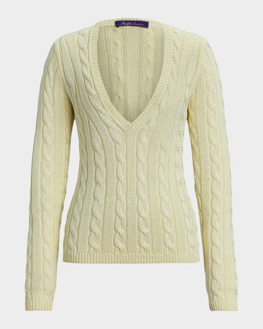 Ralph Lauren Collection V-Neck Silk Cable Knit Sweater | Neiman Marcus