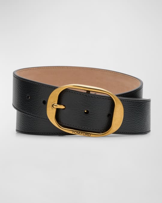 Men's Vacchetta Leather Oval-Buckle Belt