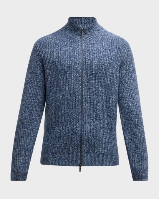 Men's Ribbed Melange Cashmere Full-Zip Cardigan