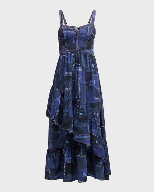 white christmas dresses Patchwork Boho Denim Midi Dress with Ruffle Hem Latte / Medium