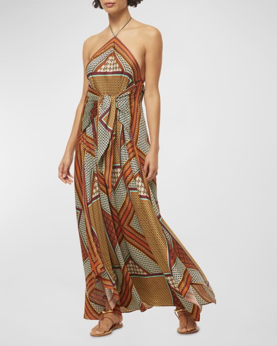 Raban Scarf-Print Tie-Waist Long Halter Dress