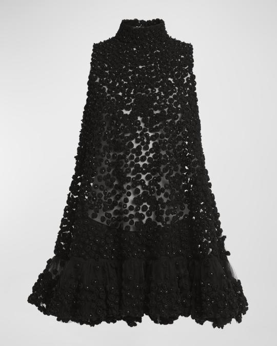 Valentino Garavani High-Neck Rosette Embroidered Sheer Tulle Mini Dress ...
