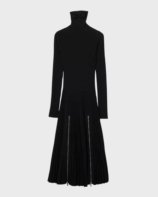 Turtleneck Pleated Rib Zipper Midi Dress