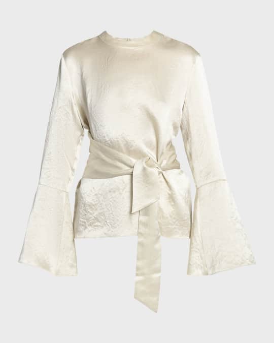 Ilone Belted Long-Sleeve Satin Top