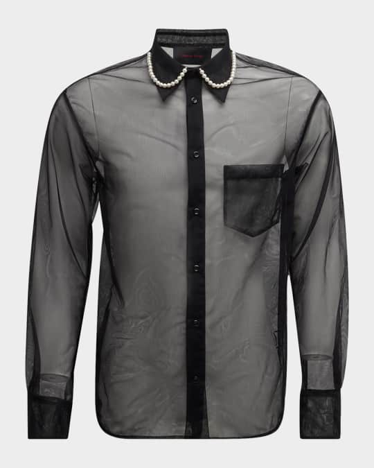 【mmo】sheer sr DRESS SHIRT (BLACK) Simone Rocha Men's Sheer Button-Down Shirt with Beading | Neiman
