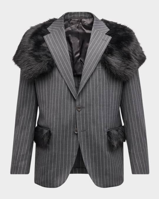 Simone Rocha Men's Pinstripe Suit Jacket with Faux Fur | Neiman Marcus