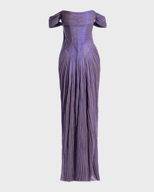 Kalindi Off-Shoulder Pleated Plisse Gown
