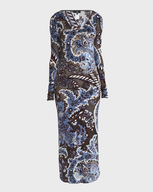Velvet Paisley Print Midi Dress