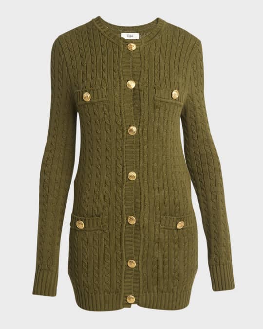 Chloe Cable-Knit Cardigan with Gold-Tone Buttons | Neiman Marcus