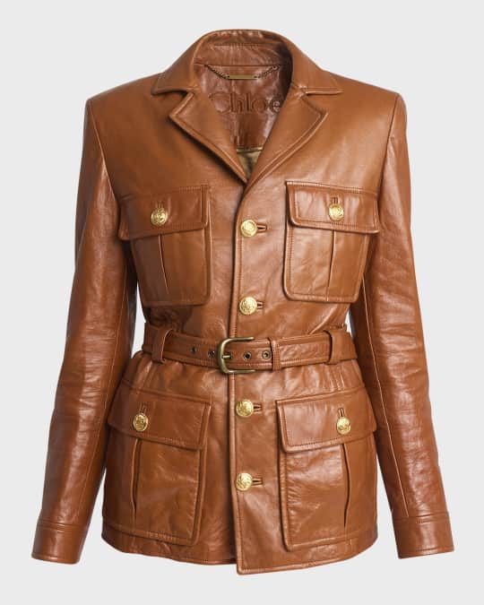 Chloe Glossy Leather Belted Military Jacket | Neiman Marcus