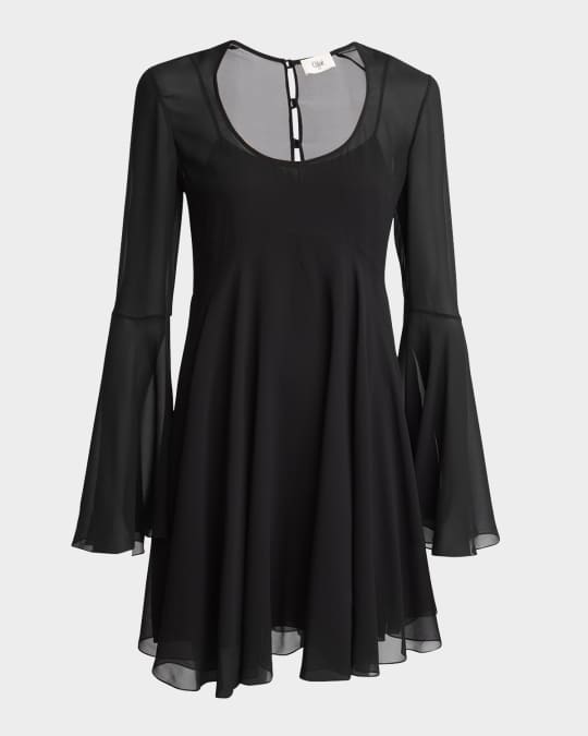 Bell Sleeve Silk Georgette Mini Dress