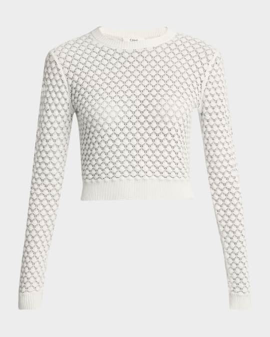 Chloe Cropped Pointelle-Knit Crewneck Sweater | Neiman Marcus