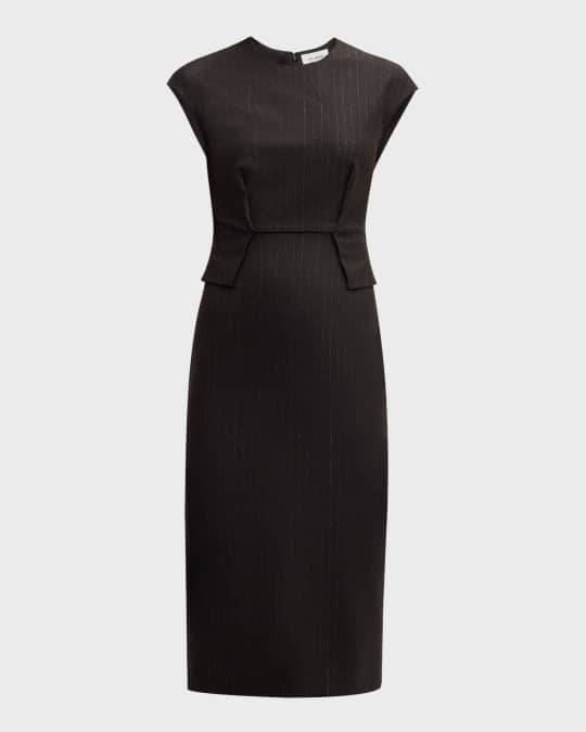 John Pinstripe Jersey Cap-Sleeve Peplum Midi Dress Neiman Marcus
