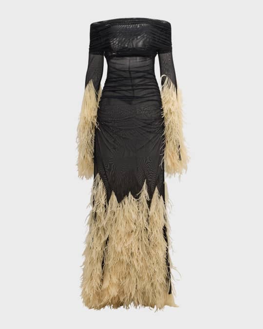 off the shoulder feather trim dress Sheath/Column Off-the-Shoulder Short Sleeves Tea-Length Unique Mother of the Bride Dresses with Feathers Brown