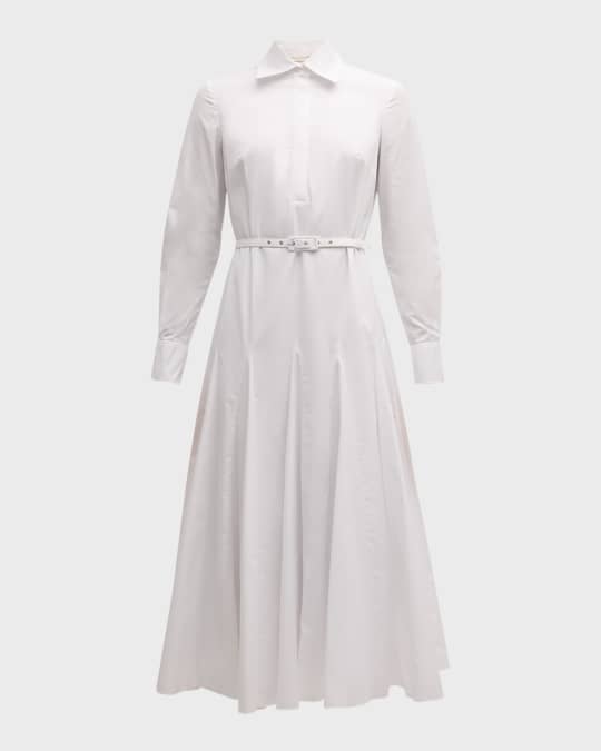 Muse Long-Sleeve Belted Godet-Skirt Midi Shirtdress