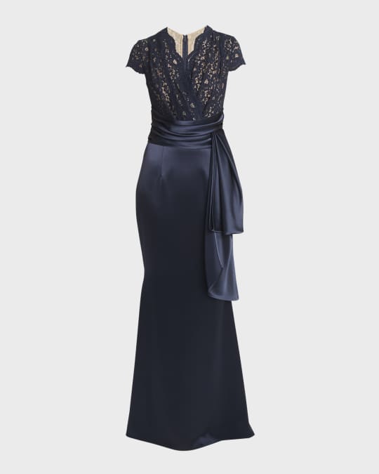 Mixed-Media Lace Satin Trumpet Gown