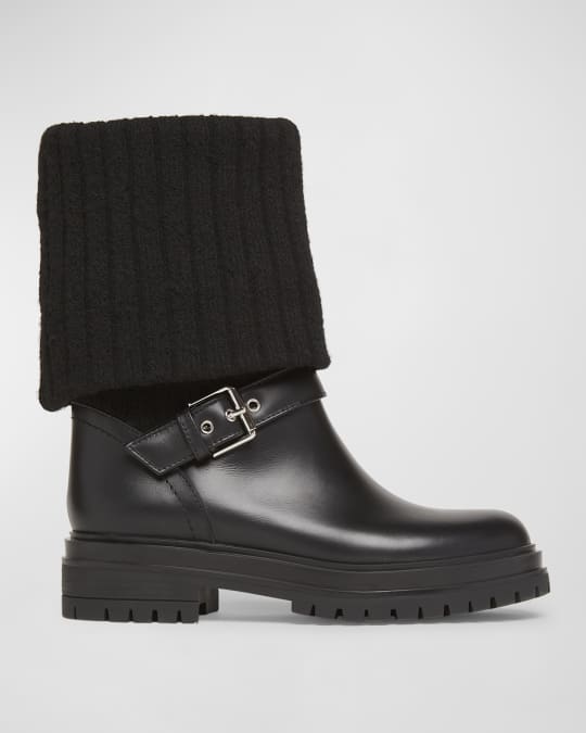 Leather Knit Collar Moto Boots