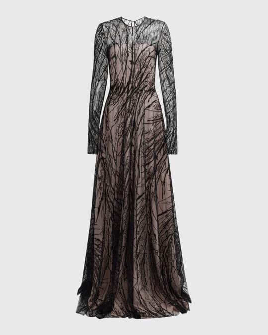 Beaded Long Sleeve Illusion Gown