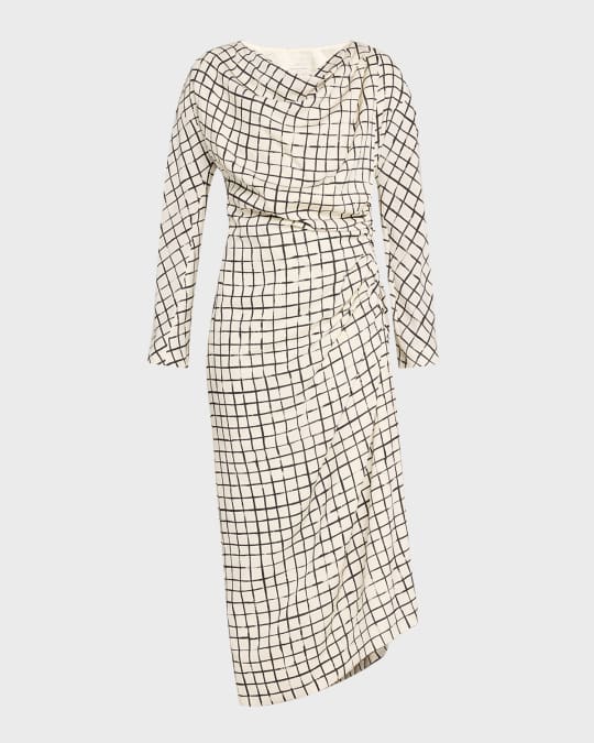 midi didi dress Dries Van Noten Didi Grid-Printed Draped Midi Dress