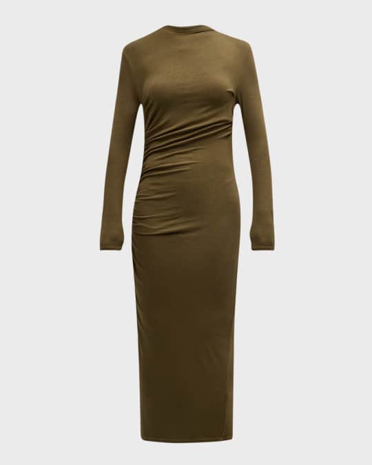 Silk Knit Long-Sleeve Midi Dress
