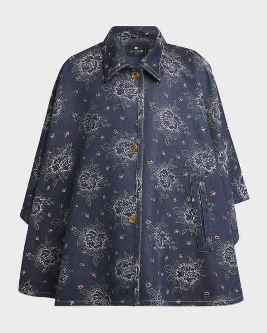 Denim Embroidered Floral Cape 