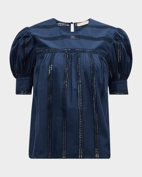 売れ筋商品|||エヌブイエルティー カットソー トップス レディース Women s Puff Sleeve Eyelet Top Chambray Eyelet Puff-sleeve Tee For Women | Factory