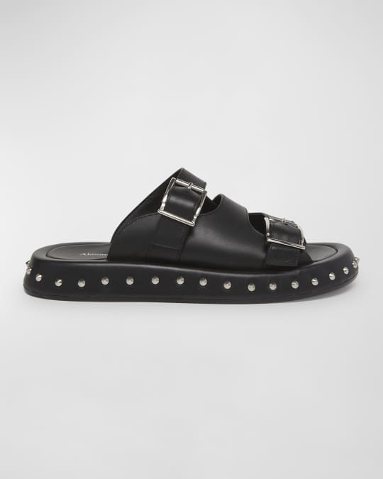 McQueen Leather Stud Buckle Slide Sandals | Neiman Marcus