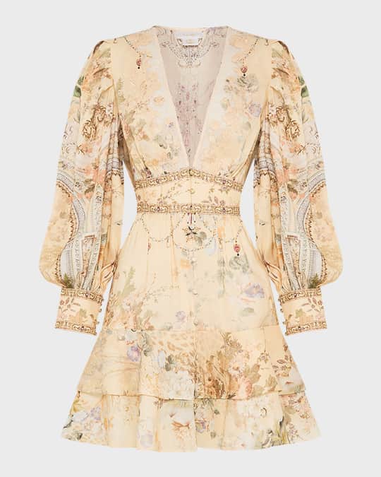 camilla linen dress Crystal-embellished printed linen and silk-blend mini dress - blue