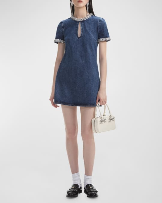 Self-Portrait Embellished Denim Short-Sleeve Mini Dress | Neiman Marcus