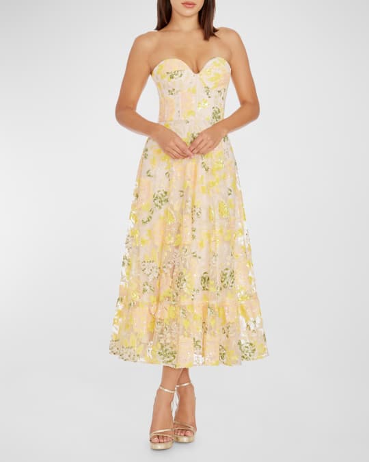 Dress the Population Black Label Carina Strapless Sequin Floral Midi Dress  | Neiman Marcus