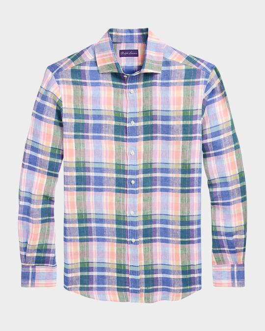 Ralph Lauren Purple Label Men's Plaid Linen Shirt | Neiman Marcus